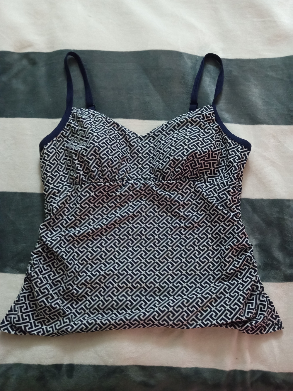 Women’s Navy & White Geometric Tankini Top with Adjustable Straps
